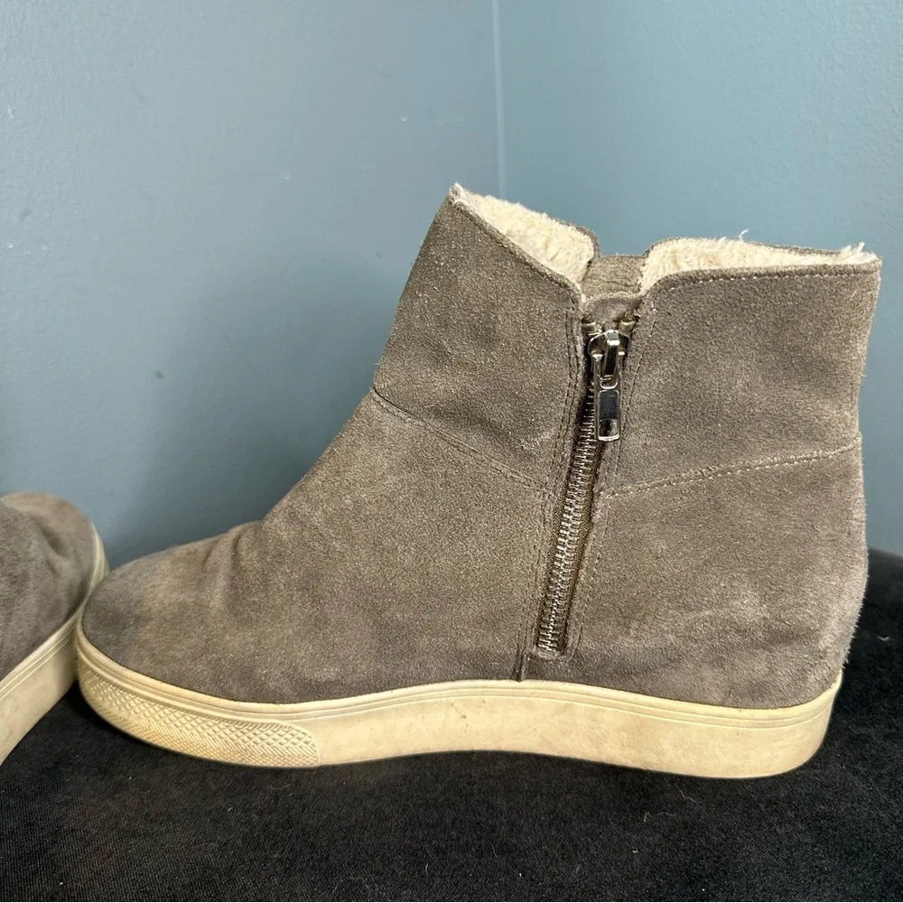 Steve Madden Women's Wanda Faux Fur Wedge Sneaker in Taupe Suede - Picture 8 of 9
